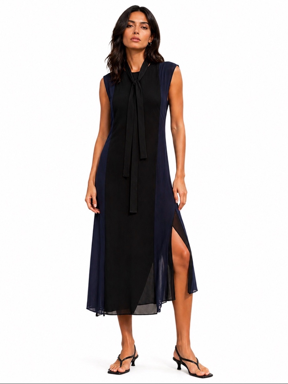 Zara Navy and Black Sleeveless Midi Dress with Front Tie
